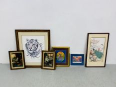 AN EXTENSIVE COLLECTION OF ASSORTED FRAMED PRINTS AND PICTURES TO INCLUDE SENTIMENTAL, EMBROIDERY,