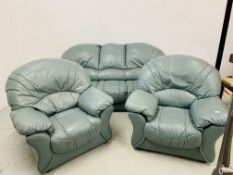 GREEN LEATHER THREE PIECE LOUNGE SUITE