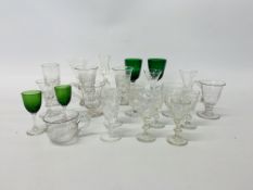 A GROUP OF ANTIQUE DRINKING GLASSES TO INCLUDE LIQUEURS, WINES,