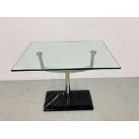 A DESIGNER CHROMIUM PEDESTAL STAND WITH MARBLE BASE AND GLASS TOP. W 69CM. D 46CM. H 61CM.