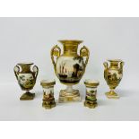 Five pieces of Paris porcelain, the central two handled vase decorated with a ship,