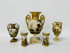 Five pieces of Paris porcelain, the central two handled vase decorated with a ship,