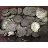 TUB OF PRE '47 SILVER COINS, FACE APPROX £8.50, TO INCLUDE GEO III AND 1935 CROWNS ETC.