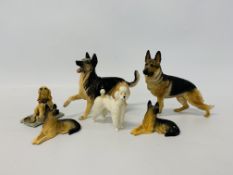 A ROYAL DOULTON ALSATIAN DOG STUDY. OVERALL HEIGHT 15cm, 2 X BESWICK ALSATIAN DOG STUDIES LYING.