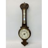 AN OAK MOUNTED BANJO ANAROID BAROMETER AND A GEORGIAN FRETWORK MIRROR