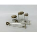 Three silver mounted dressing pots London assay along with two silver mounted scent bottles