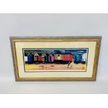 2 FRAMED AND MOUNTED LIMITED EDITION SIGNED "LEWIS" PRINTS "BEACH HUTS 1" AND BEACH HUTS 2" ALONG