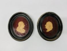 Two wax portrait busts Samuel Johnson and David Garrick in ebonised oval frames