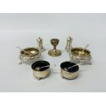A pair of Victorian silver circular salts with silver spoons along with a single silver squat