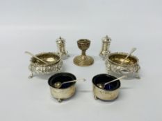 A pair of Victorian silver circular salts with silver spoons along with a single silver squat
