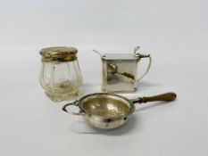 A silver mustard pot of rectangular form by Mappin & Webb along with a Georgian mustard spoon,