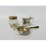 A silver mustard pot of rectangular form by Mappin & Webb along with a Georgian mustard spoon,