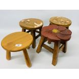 TWO HARDWOOD STOOLS WITH HAND CARVED CAT DESIGN,