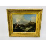 A C19th British School: Man O War in rough seas near rocks, oil on canvas, 29.5 x 35.
