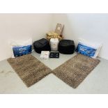 A QUANTITY BEDDING, CUSHIONS AND RUGS TO INCLUDE 2 TWILIGHT DEEP PILE RUGS, PAIR OF BEAN BAGS,