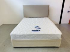 A DOUBLE DIVAN BED WITH DRAWER BASE AND MATCHING UPHOLSTERED HEADBOARD AND SILENT NIGHT "SPECIAL