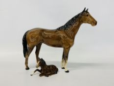 LARGE BESWICK BROWN GLOSS FINISH STALLION. OVERALL HEIGHT 30cm and BESWICK BROWN GLOSS FOAL LYING.