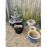 A GARDEN WATER FEATURE AND THREE VARIOUS GARDEN PLANTERS AND 26 WOODEN FENCE POST FINIALS.
