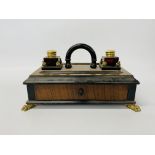 A C19th mahogany ink standish, retaining red glass ink bottles,