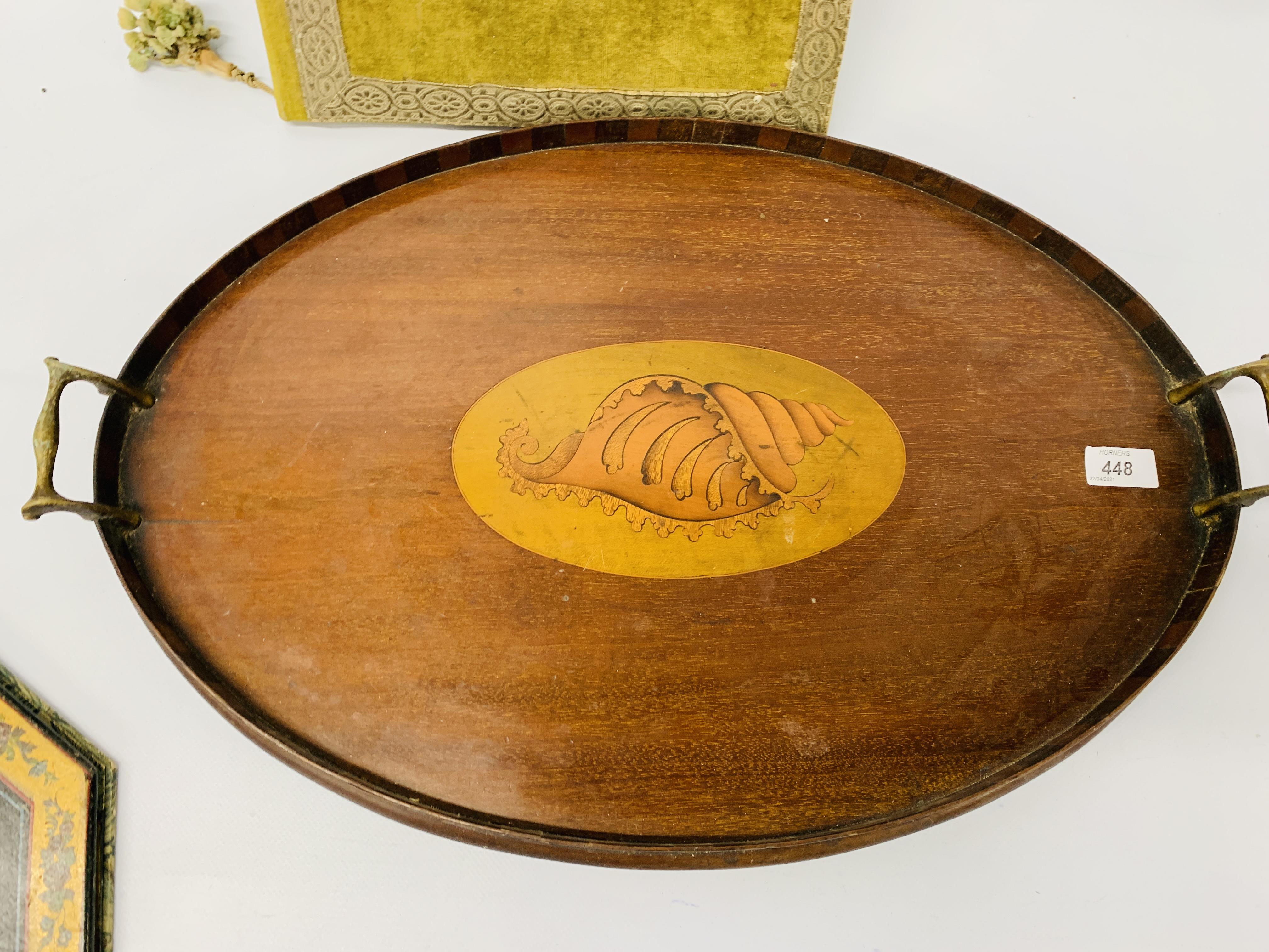 An Edwardian oval tray with shell inlay, a C19th decorated blotter, - Image 5 of 7