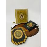 An Edwardian oval tray with shell inlay, a C19th decorated blotter,