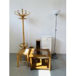 A BEECHWOOD REVOLVING COAT STAND, A BEECHWOOD STOOL WITH RUSH SEAT, A CHERRYWOOD FINISH LAMP TABLE,
