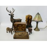 A COLLECTION OF DECORATIVE WOODEN ORNAMENTS TO INCLUDE ZEBRA, ELEPHANTS, 6 DRAWER CHEST,