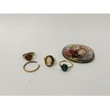 A 9CT GOLD RING SET WITH PINK STONE, A 9CT GOLD RING SET WITH BLUE STONE,