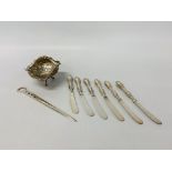 A Continental silver sweetmeat basket on tripod base along with a set of six silver tea knives