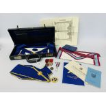 A COLLECTION OF MASONIC REGALIA IN CASE TO INCLUDE: SASH, MEDALS, CERTIFCATES ETC.