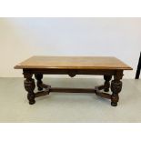 A HEAVY OAK RECTANGULAR SIDE TABLE WITH CARVED BULBOUS LEGS, LENGTH 182cm, WIDTH 80cm,