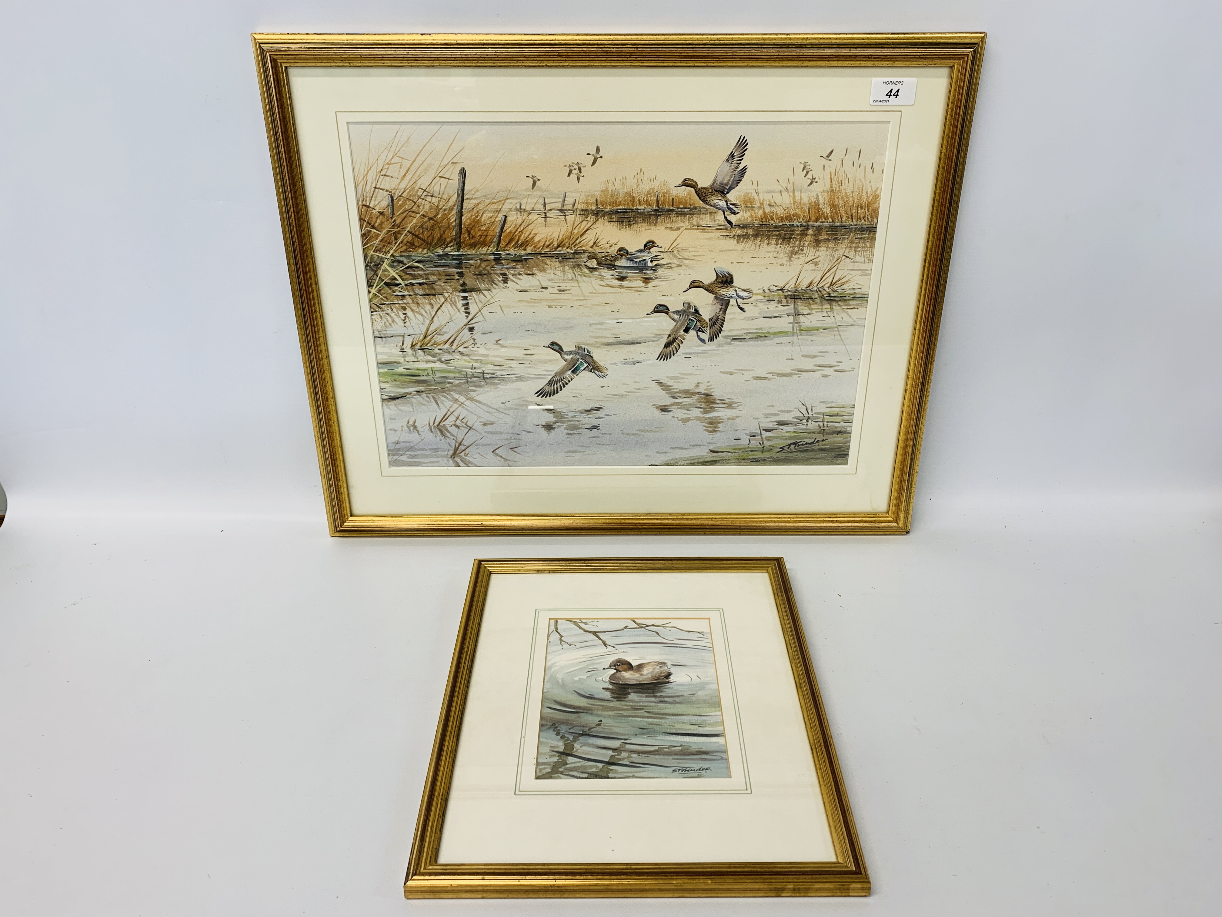 TWO FRAMED AND MOUNTED ORIGINAL WATERCOLOURS - MALLARD IN FLIGHT OVER WETLAND 33cm X 47cm AND