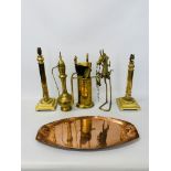 BOX OF MIXED METAL WARE TO INCLUDE TWO BRASS LAMP BASES OF REEDED FORM, EASTERN STYLE URN,