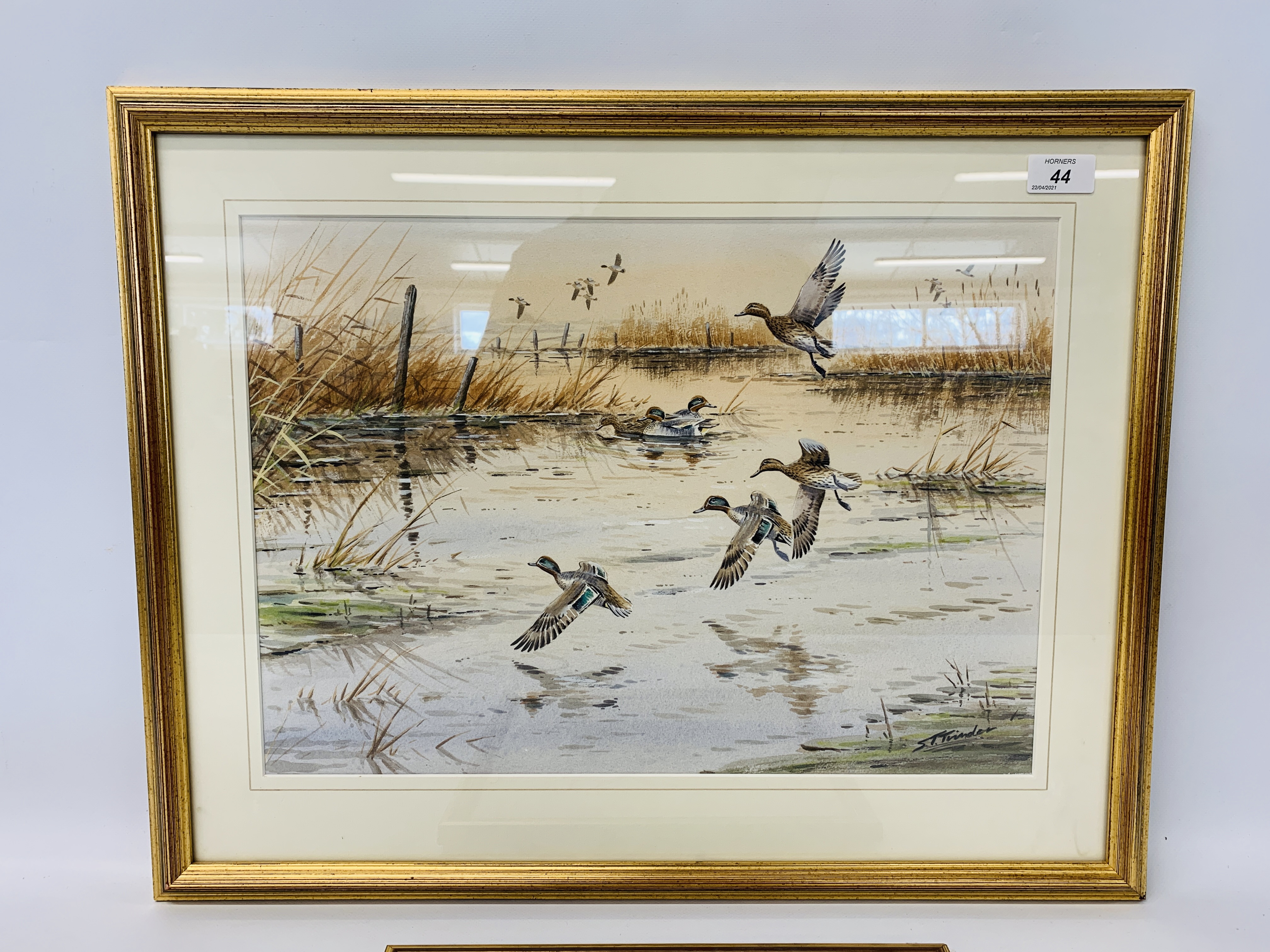 TWO FRAMED AND MOUNTED ORIGINAL WATERCOLOURS - MALLARD IN FLIGHT OVER WETLAND 33cm X 47cm AND - Image 2 of 8