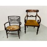 A MAHOGANY SCROLL ARM ELBOW CHAIR AND AN EDWARDIAN MAHOGANY OVAL SHAPE NURSING CHAIR