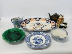 MASONS IRONSTONE MEAT DISH DIAMETER 52cm, FOUR VINTAGE PATTERNED TILES, TWO ORIENTAL VASES,