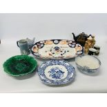 MASONS IRONSTONE MEAT DISH DIAMETER 52cm, FOUR VINTAGE PATTERNED TILES, TWO ORIENTAL VASES,