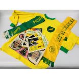 A NORWICH CITY FOOTBALL SHIRT, TWO NORWICH CITY FOOTBALL SCARVES, THREE FOOTBALL CLUB PROGRAMMES,