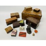 A Victorian walnut writing slope (some losses A/F), a Victorian mahogany tea caddy, a cribbage box,