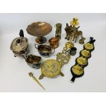 TWO BOXES CONTAINING BRASS, COPPER AND METALWARE TO INCLUDE BRASS MICKEY MOUSE TRIVET,