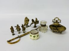 A group of brass wares including six miniature figures, a brass cockerel finial,