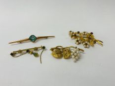 A 9ct gold pearl brooch set with small red stones (one missing) along with a 9ct gold pearl brooch