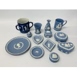 A COLLECTION OF THIRTEEN PIECES WEDGEWOOD BLUE TO INCLUDE ROYAL WEDDING TANKARD,