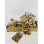 TWO BOXES CONTAINING VINTAGE TOYS, GAMES AND BOOKS TO INCLUDE NORAH WELLINGS STYLE DOLL,