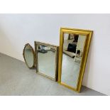 3 QUALITY GILT FINISH WALL MIRRORS TO INCLUDE OVAL, BEVEL PLATE ETC.