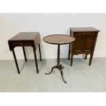 A mahogany pie crust wine table on tripod base (top and base associated) along with a mahogany two