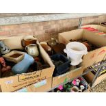 FOUR BOXES CONTAINING A GOOD ASSORTMENT OF MIXED STUDIO POTTERY, TREEN ITEMS, CROCK POTS,