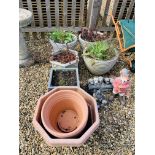 5 PLASTIC GARDEN PLANTERS, THREE GARDEN ORNAMENTS, A FOLDING WHEEL BARROW,