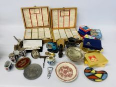 BOX OF MIXED COLLECTIBLES TO INCLUDE LETTER RACK, PEWTER MUG, MINIATURE DELFT 2 HANDLED VASE,