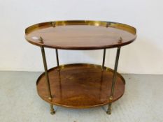 A C19TH MAHOGANY AND BRASS ETAGERE, THE OVAL TIERS WITH HALF GALLERIED SIDES, WIDTH 68cm,